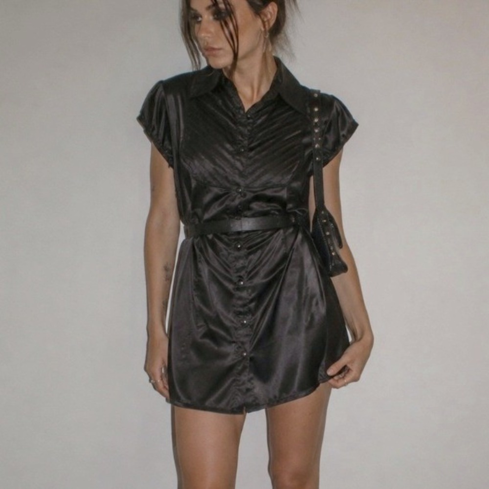 Y2K FANG Satin Button Down Mini Dress Bib Tie Black Large Indie Sleaze Glam Goth